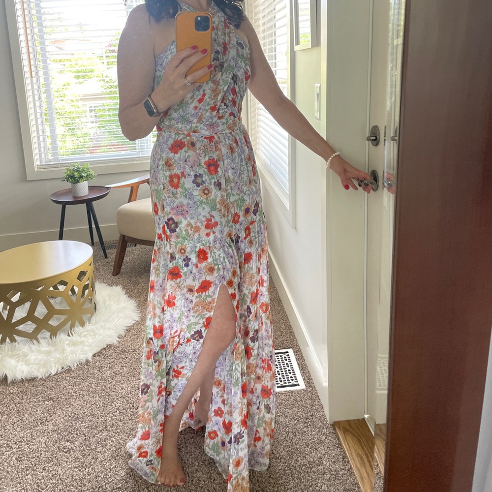 Floral Silk Maxi Dress - White/Orange - Picture 5 of 7